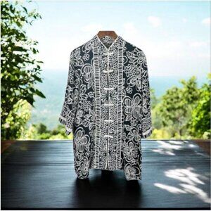 Bob Mackie Wearable Art Women's Silk Blouse Tunic Black Floral Cheongsam Button